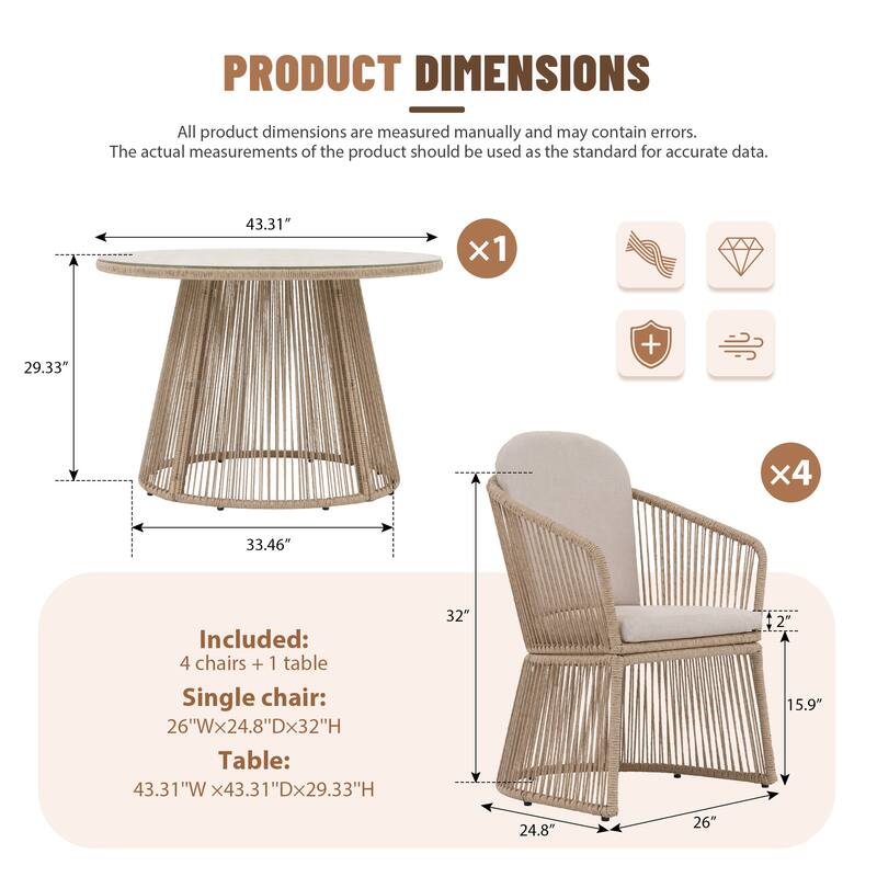 5 Pieces Outdoor PE Rattan Patio Dining Set with Round Tempered Glass Table