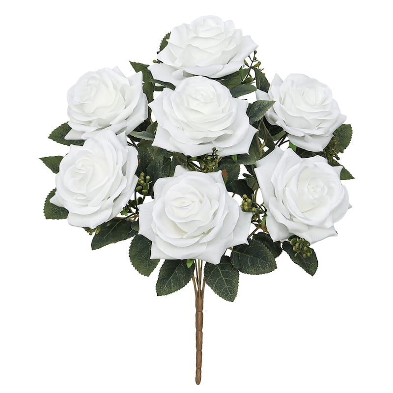 Set of 2 White Artificial Queen Tea Rose Flower Stem Bush Bouquet 17in - 17" L x 9" W x 9" DP