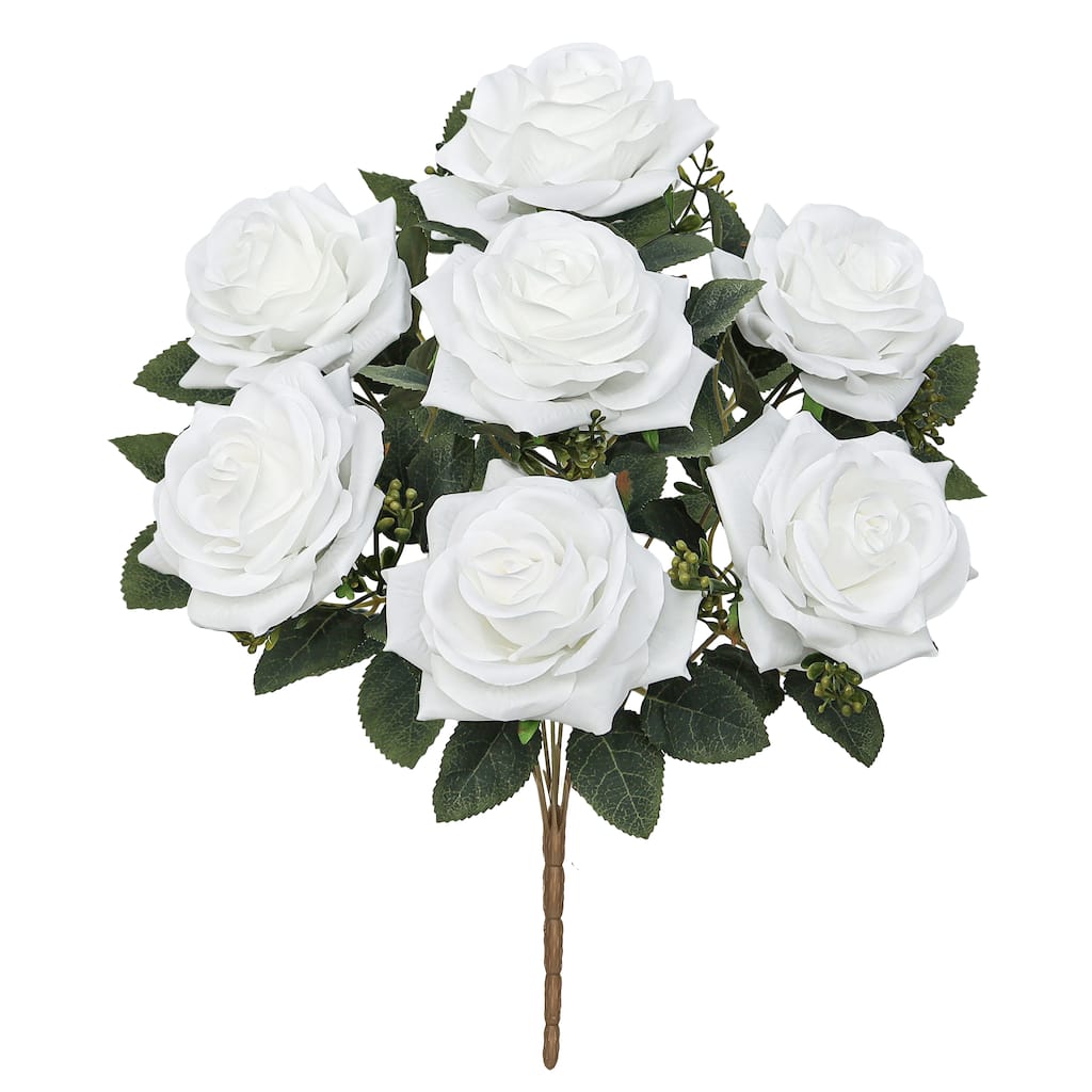 Set of 2 White Artificial Queen Tea Rose Flower Stem Bush Bouquet 17in - 17" L x 9" W x 9" DP
