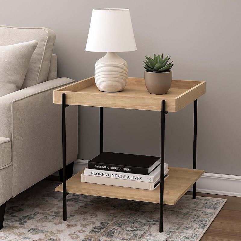 Allen Side End Table, Tray Top, Shelf 23 Inch Brown Wood, Black Metal