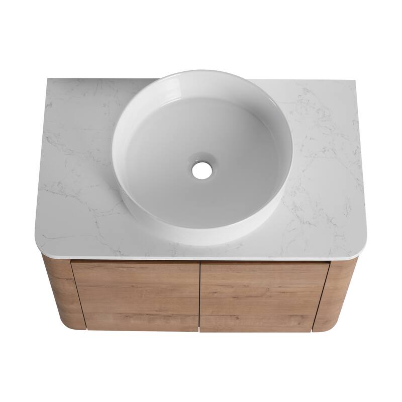 30'' Wall-Mounted Bathroom Vanity With Ceramic Art Sink & 2-Soft-Close Door, KD-Packing, Plywood
