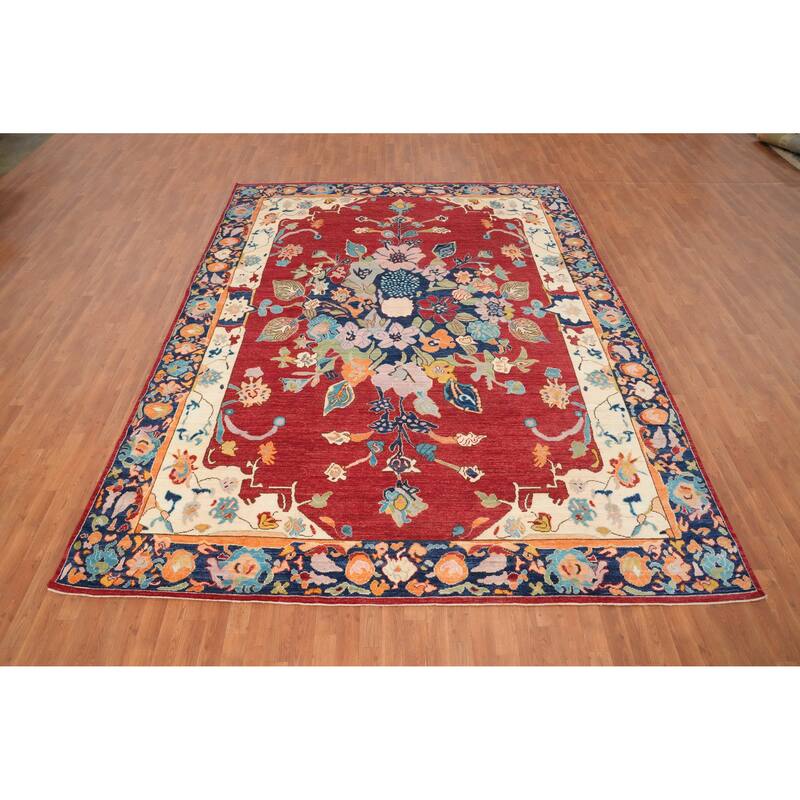 Hand Knotted Oriental 100% Wool Carpet Transitional Floral Red Oushak Area Rug - 12' 0'' X 9' 3''