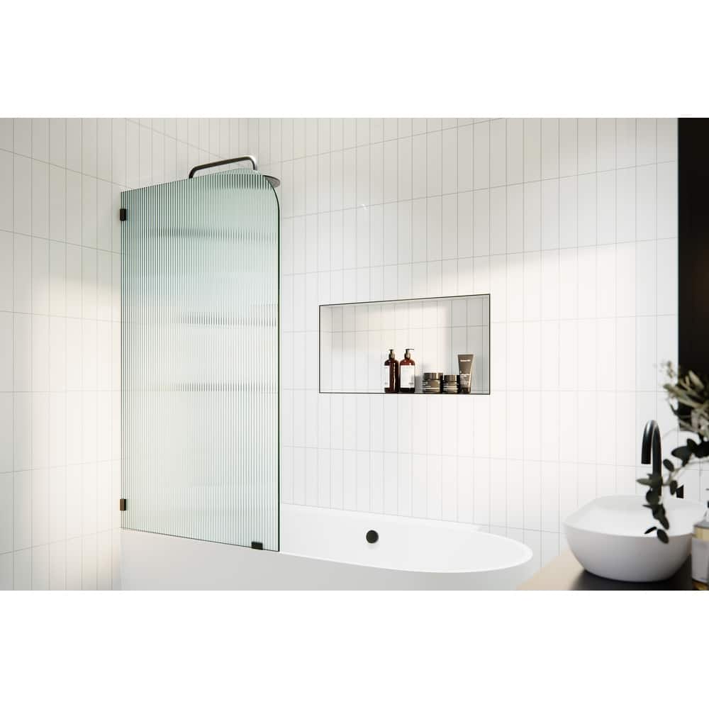 Aurora 58.25 in. x 30 in. Frameless Bath Shower Door - Single Fixed Panel Fluted Frosted Radius Left Hand