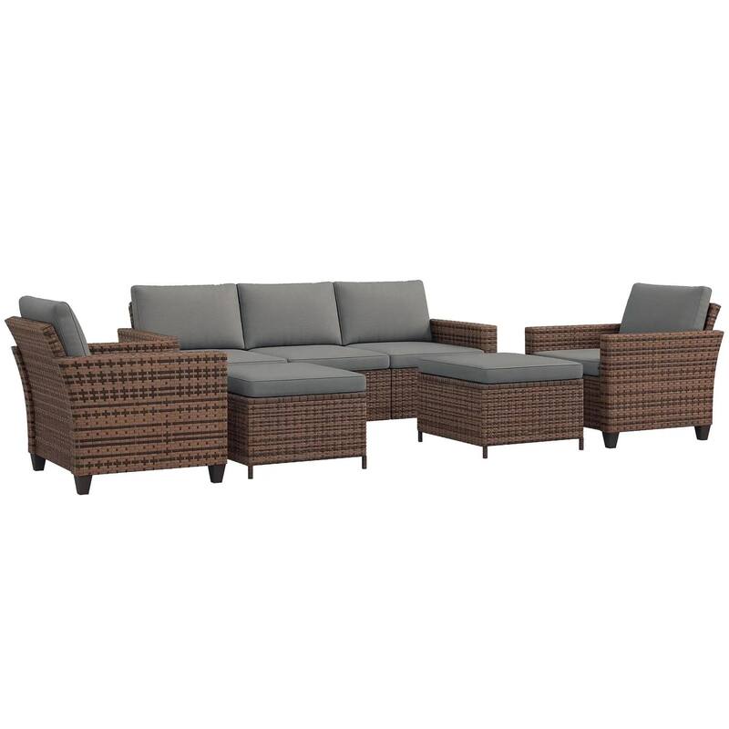5PC PE Rattan Patio Set, Armchairs, Footstools, Cushions