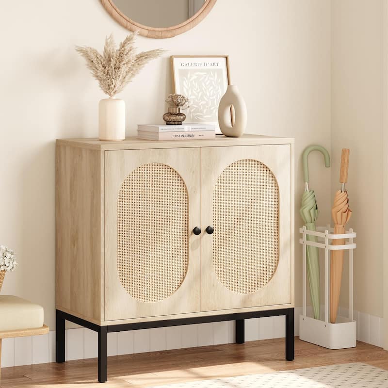 Rattan Buffet Cabinet with Natural Rattan Doors, Sideboard Storage Cabinet with Adjustable Shelf