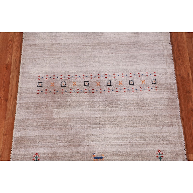 Hand Knotted Oriental 100% Wool Carpet Tribal Animal Pictorial Beige & Ivories Gabbeh Area Rug - 4' 11'' X 2' 11''
