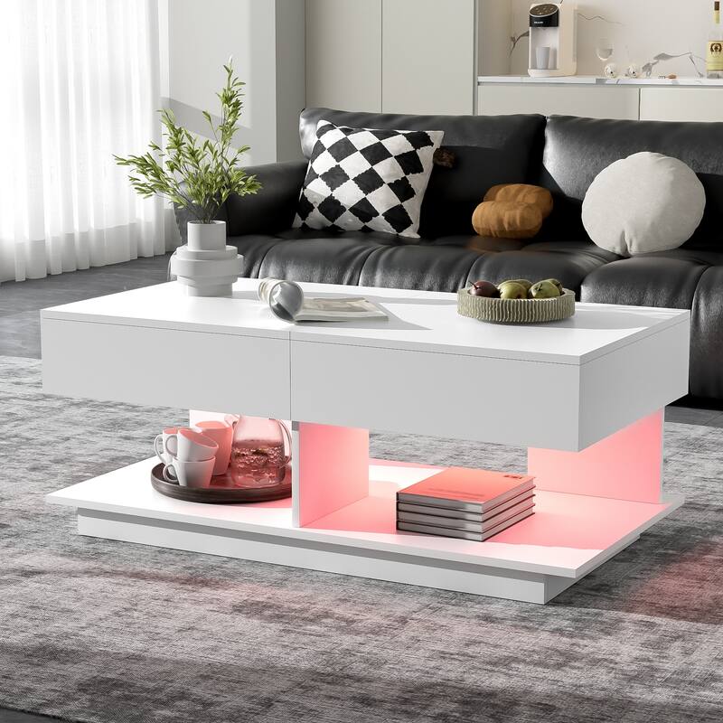 Extendable Coffee Table End Table with 16-Color LED Lighting, Central Coffee Table with Hidden Storage
