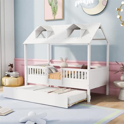 Merax Twin/Full House Bed Wood Bed with Twin Size Trundle