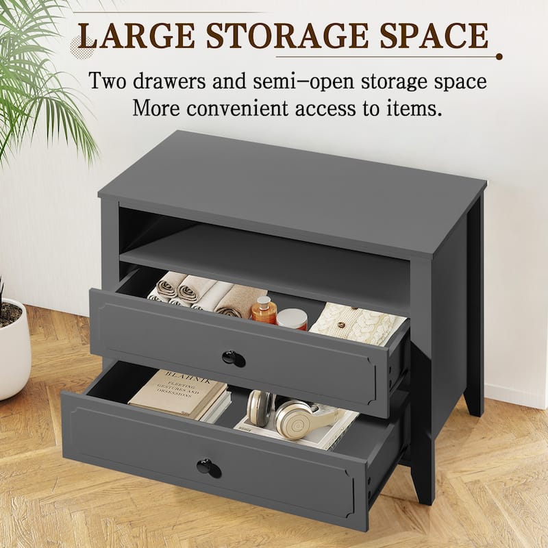 EROMMY Modern Wide Nightstand with 2 Drawers and Open Storage, Bedroom Bedside Table with Solid Wood Legs, Nightstand.