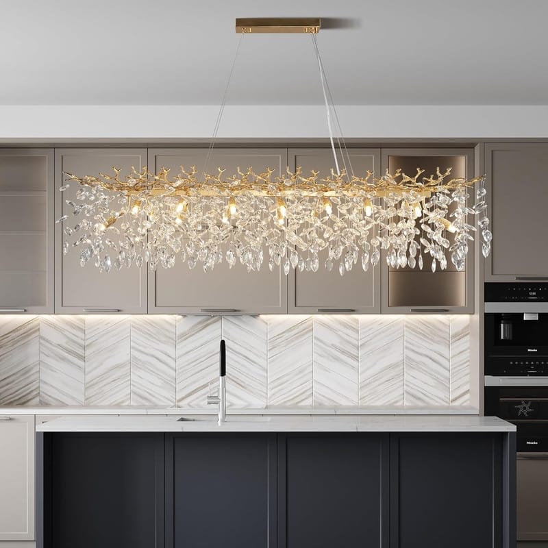 KAYLA 47.2" Modern 14-Lights Gold Luxury Crystal Linear Chandelier for Dining Room - N/A