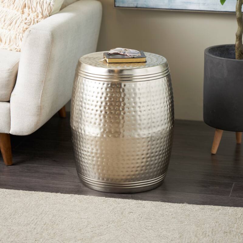Gold or Silver Metal Hammered Drum Accent Table with Grooves - Silver