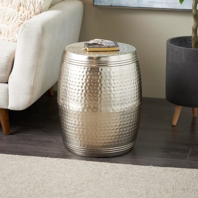 Gold or Silver Metal Hammered Drum Accent Table with Grooves