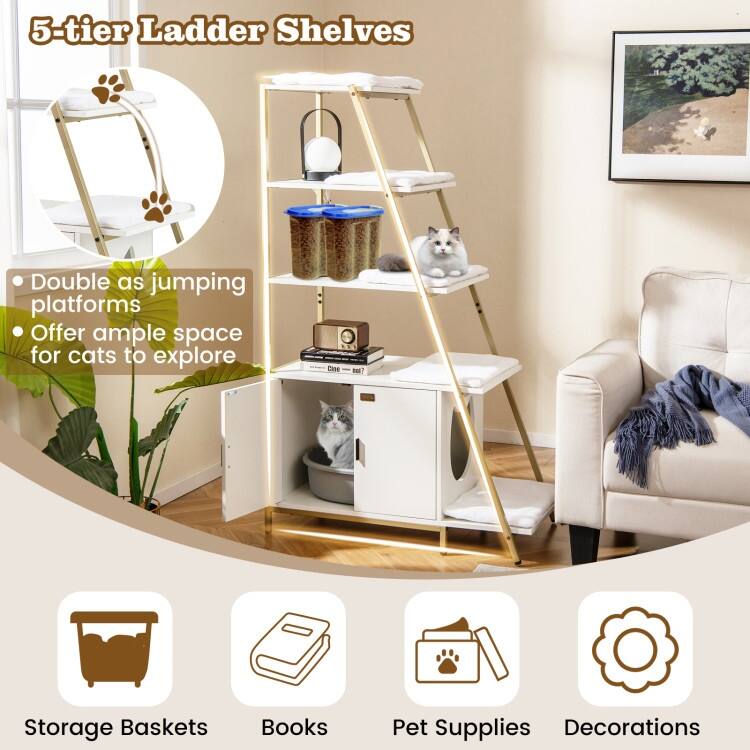 Stylish Large Cat Litter Box Enclosure with Storage and Ladder Shelf for Organization