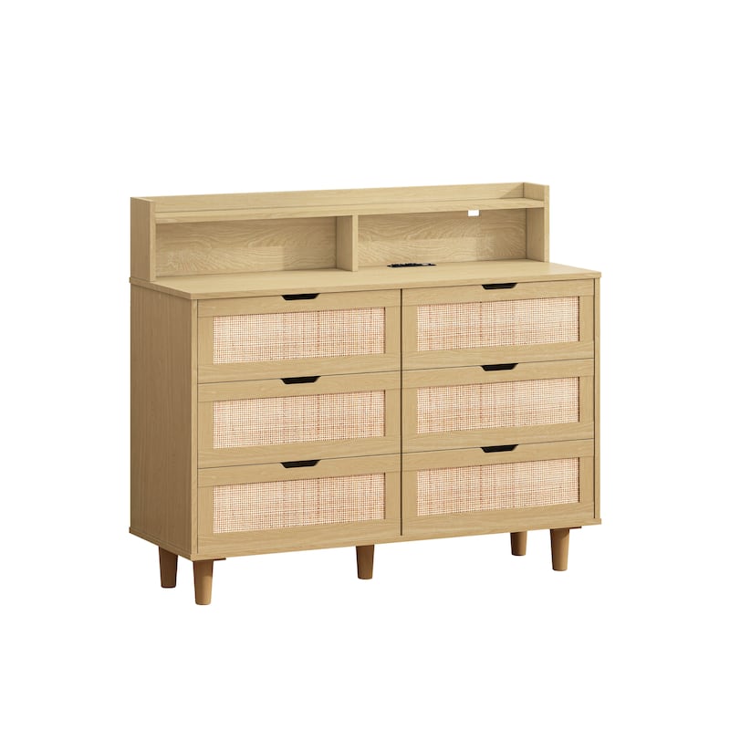 6-Drawers Rattan Storage Cabinet with LED Lights and Power Outlet