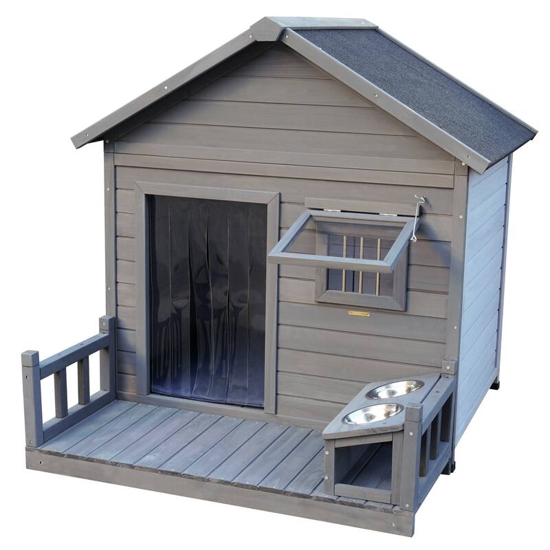 Outdoor Detachable Wooden Dog House Pet House with Cleaning Mat, Patio, 2 Metal Bowls, Suitable for Medium and Large Dogs