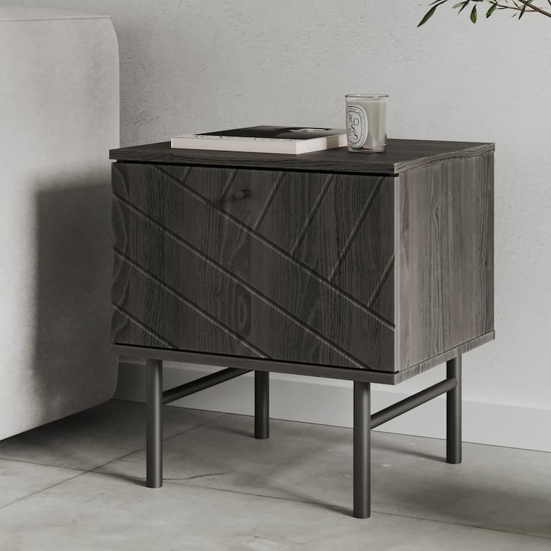 Studio London Amara Side Table - Oak Effect with Drawer and Steel Legs - Black