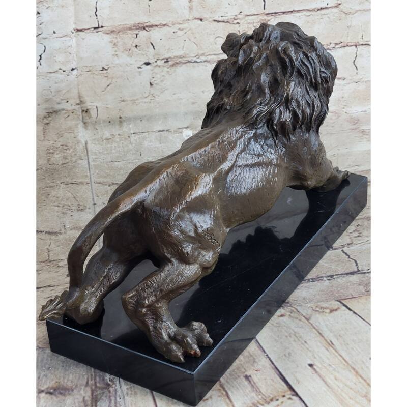 Bronze Sculpture Angry Hungry Male Lion Marble Base Figurine Art Deco Figure