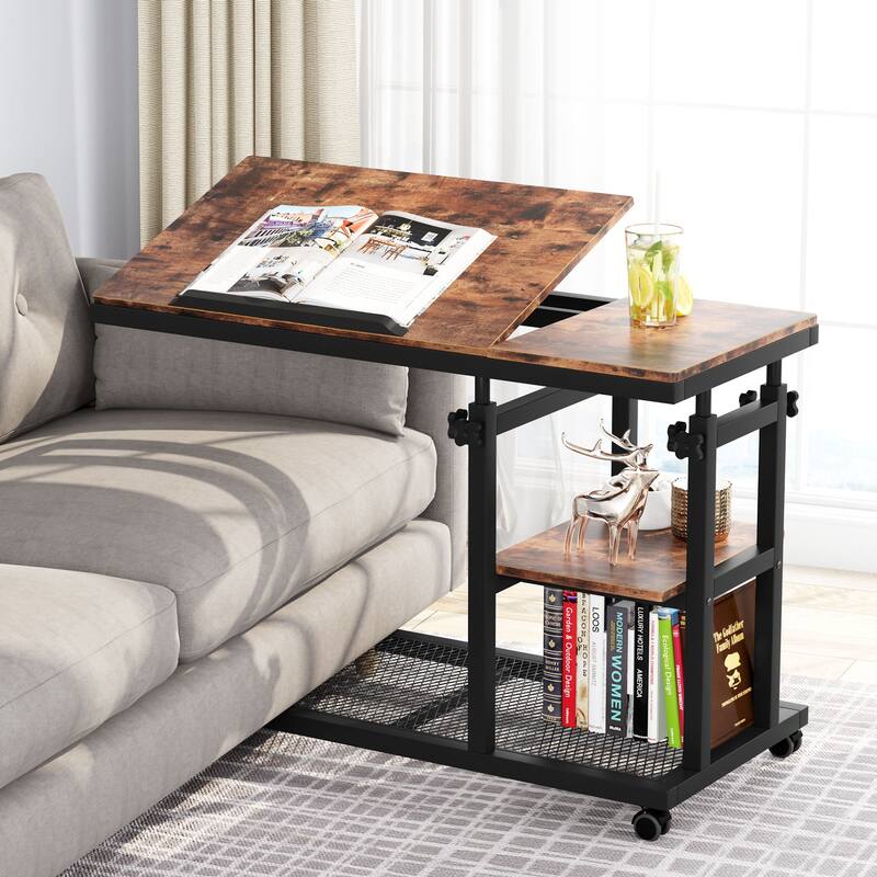 Height Adjustable C Table with Wheels, Laptop Table for Sofa Couch Bedside - Brown