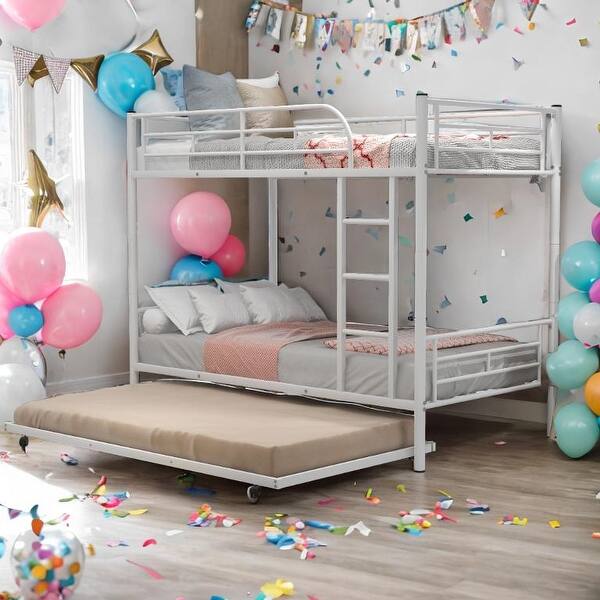 slide 2 of 19, Twin-Over-Twin Metal Bunk Bed With Trundle,Can be Divided into two beds,No Box Spring needed,Ultimate Space Saver White