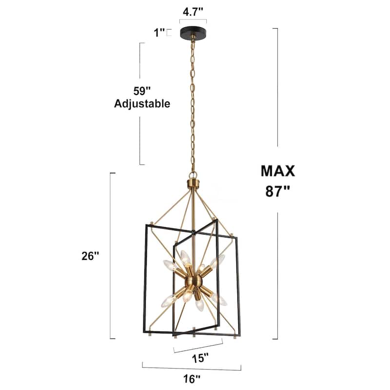 Modern 8-Light Black Gold Starburst Chandelier Metal Pendant Lights for Dining Room - 16" L x 15" W x 26" H