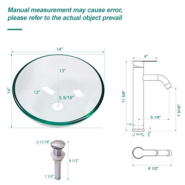 Clear 14 in. Round Tempered Glass Vessel Bathroom Sink with Faucet and Pop-up Drain - 14x14 inch