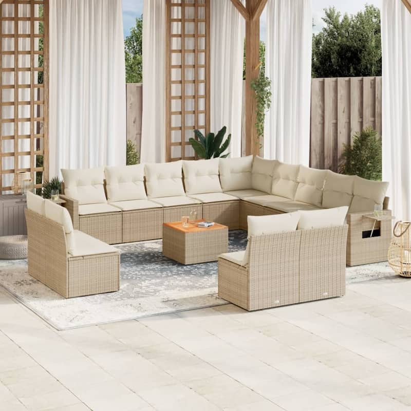vidaXL Garden Sofa Set 14 Piece with Cushions Outdoor Sofa Set Poly Rattan - Beige and Cream - 122.8 x 122.8 x 22.7 in (W x L x H)