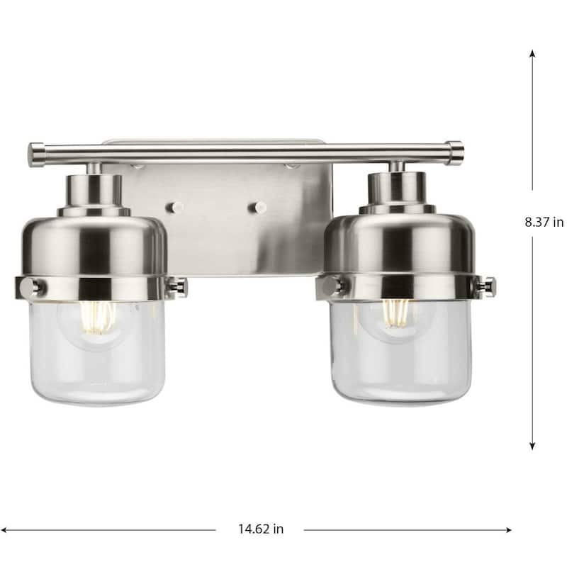 Beckner Collection Two-Light Brushed Nickel Clear Glass Urban Industrial Bath Light - 14.62 in x 6.37 in x 8.37 in