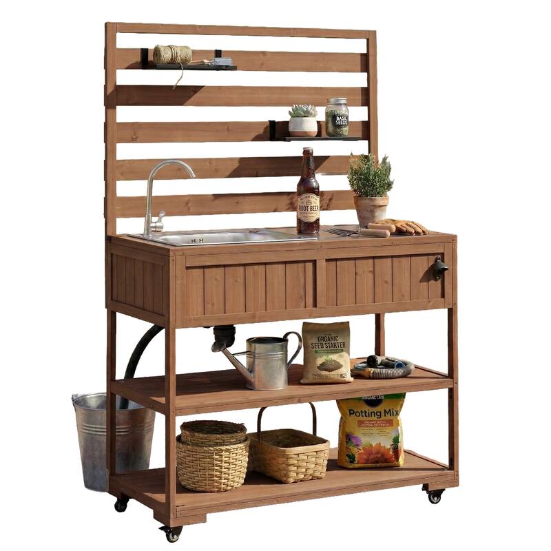 Roomfitters 41.7" Garden Potting Bench with Sink, Rolling Outdoor Potting Table, Bottle Opener, Storage Shelves, Hutch