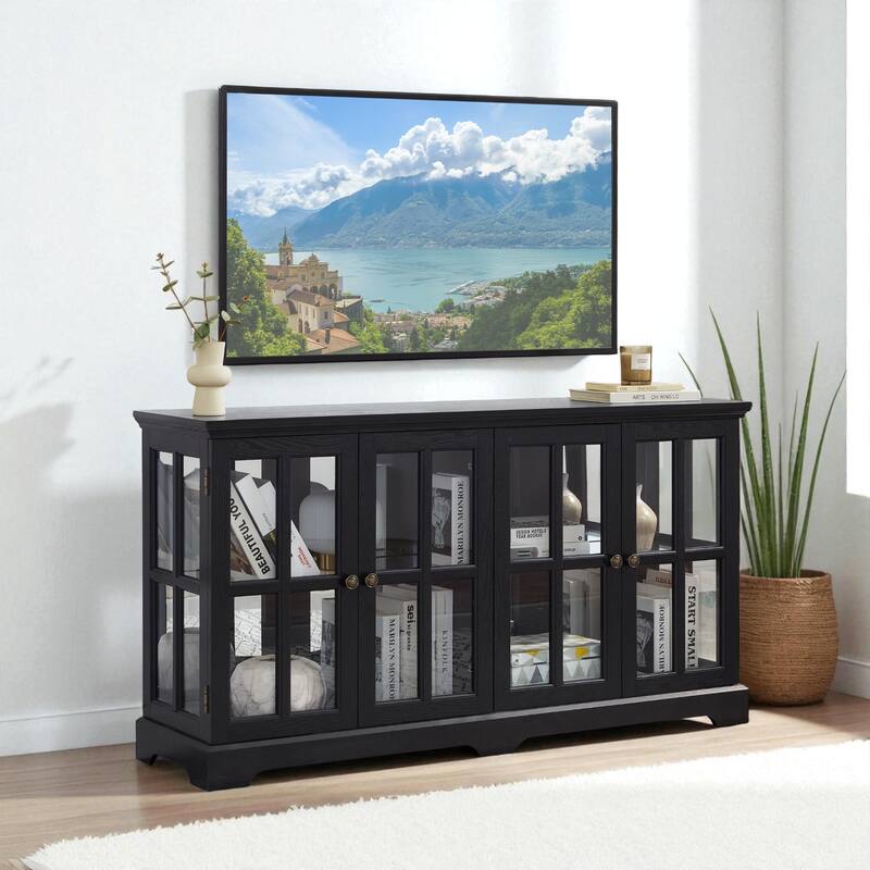 LED Antique Curio Display Cabinet with Glass Doors, Adjustable Shelves and Vintage 4-Door Design