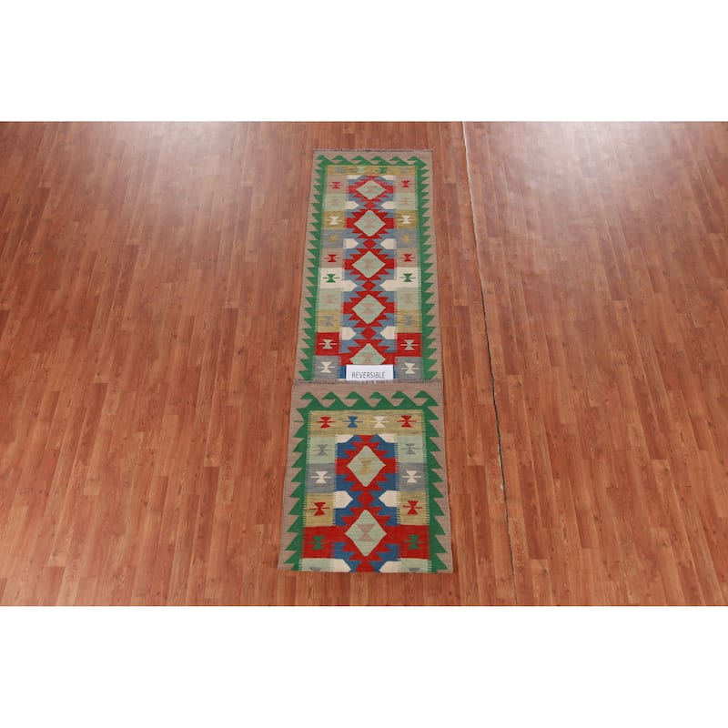 Hand Woven Oriental 100% Wool Carpet Southwestern Geometric Multi-Colored Kilim Runner Rug - 12' 9'' X 2' 7''