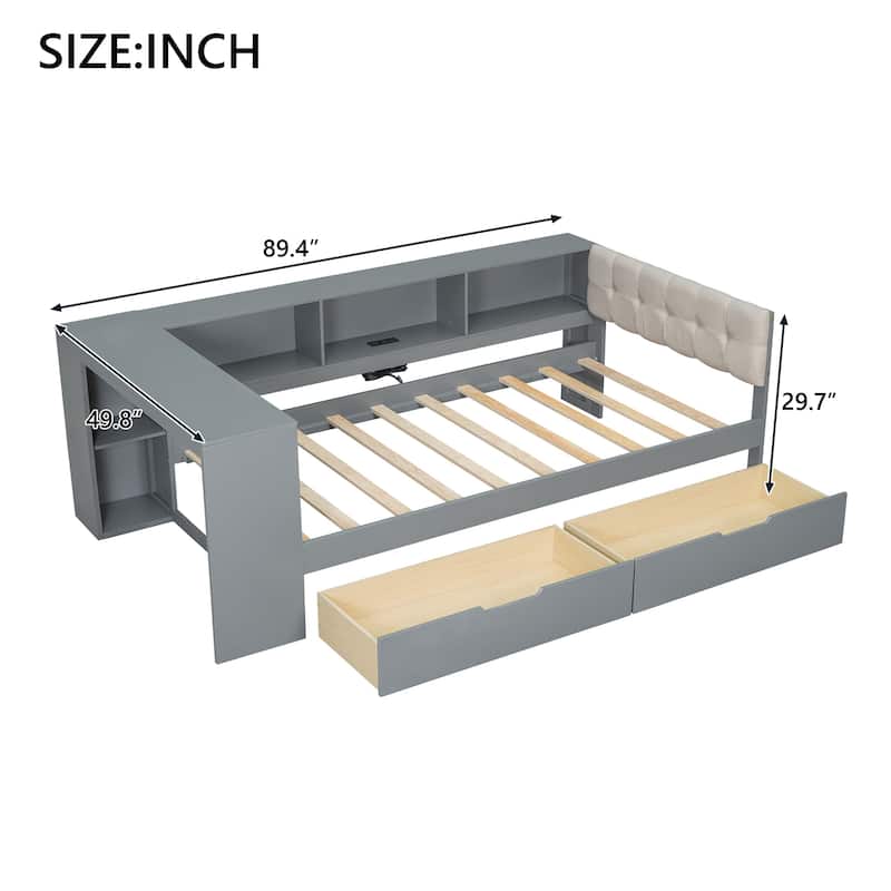 Wood Platform Bed with Wrap-Around Shelves, 2 Drawers and Charging Station by Harper&Bright Designs