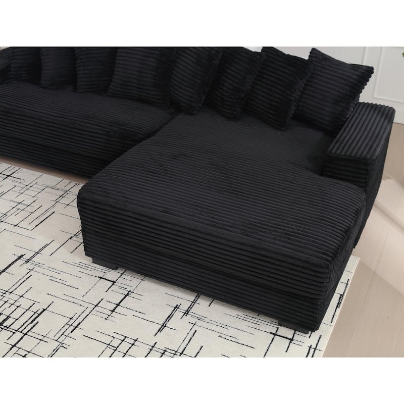 111" Corduroy Upholstered L-Shaped Sectional Sofa with Oversized Chaise Longue and 8 Throw Pillows