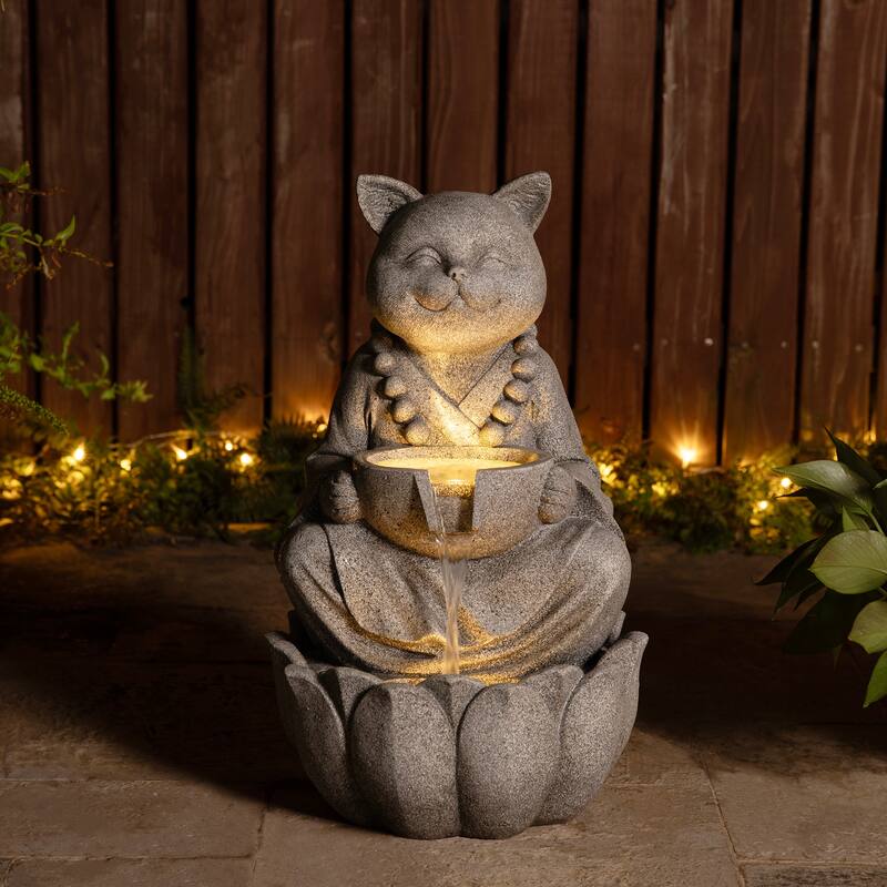 Glitzhome 21.75"H 2-Tiered Zen-Style Polyresin Cat Dog Statue Outdoor Fountain with LED Lights