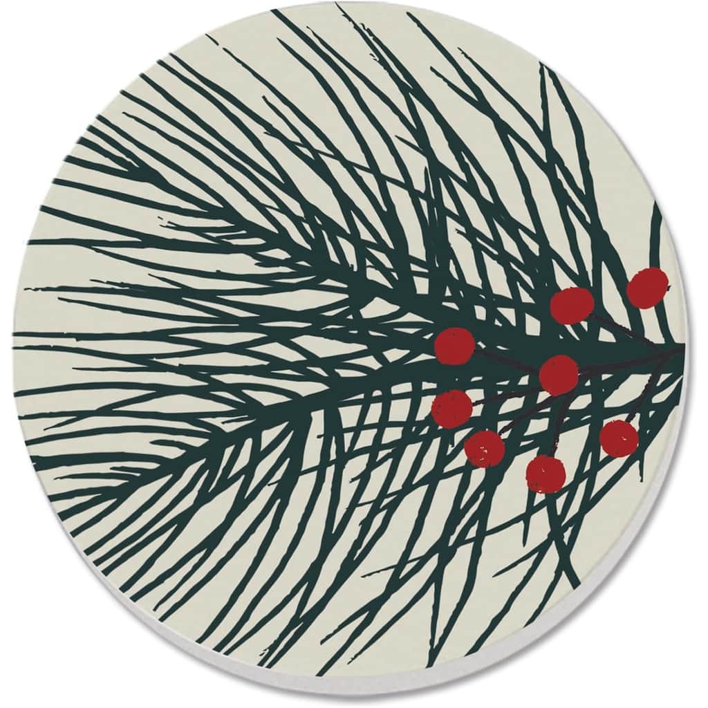 Christmas Pine 4 Pack Absorbent Stone Coaster with Protective Cork Backing Made in The USA 4" Round, Colorful, Wipes Clean