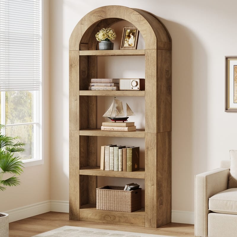 70.9'' Tall Brown Arched Bookshelf with Storage