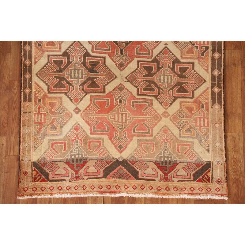 Brown Tribal Ardebil Persian Vintage Runner Rug Handmade Wool Carpet - 3'7"x 9'6"