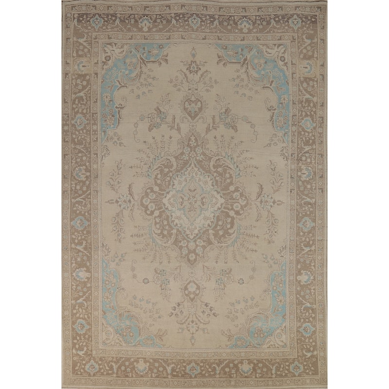 Hand Knotted Oriental 100% Wool Carpet Traditional Floral Beige & Ivories Tabriz Area Rug - 11' 2'' X 7' 7''