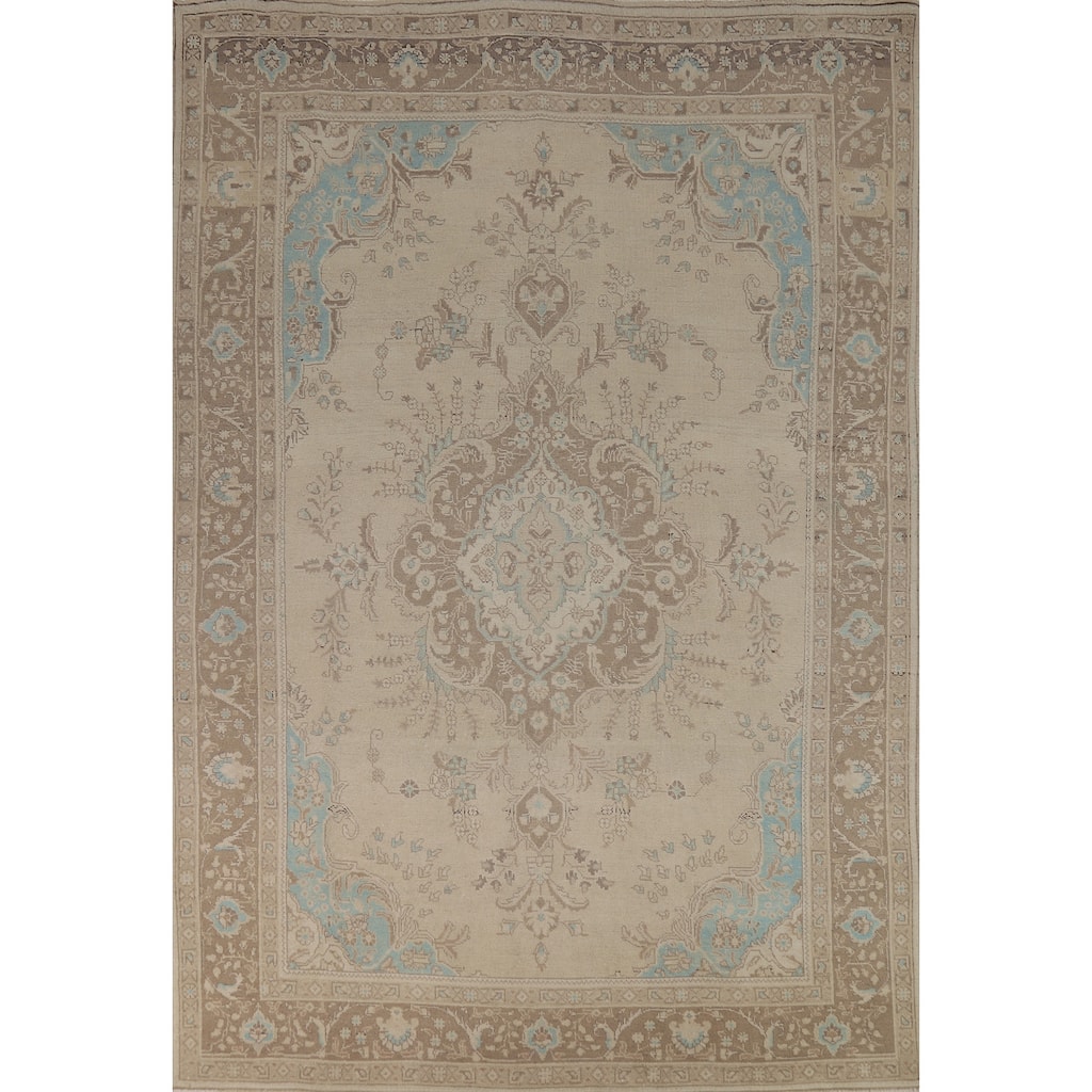 Hand Knotted Oriental 100% Wool Carpet Traditional Floral Beige & Ivories Tabriz Area Rug - 11' 2'' X 7' 7''