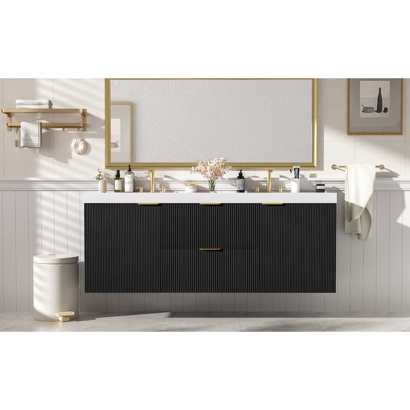 GDFStudio - Mercer Transitional Wall Mounted Bathroom Vanity Cabinet with Double SMC Sink, Soft Close Doors & Drawers