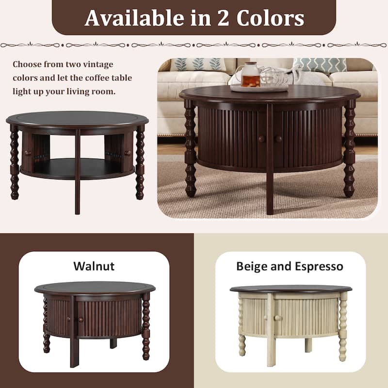 30''x30'' Vintage Round Coffee Table with Sliding Door
