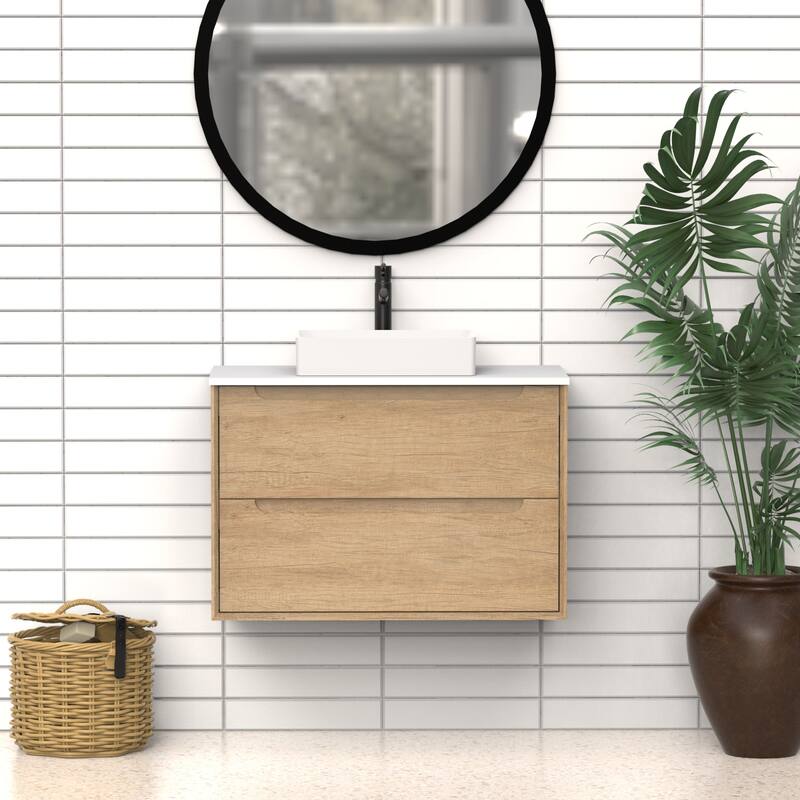 36" Solid Wood Bathroom Vanity with White Quartz Countertop Ceramic Square Sink
