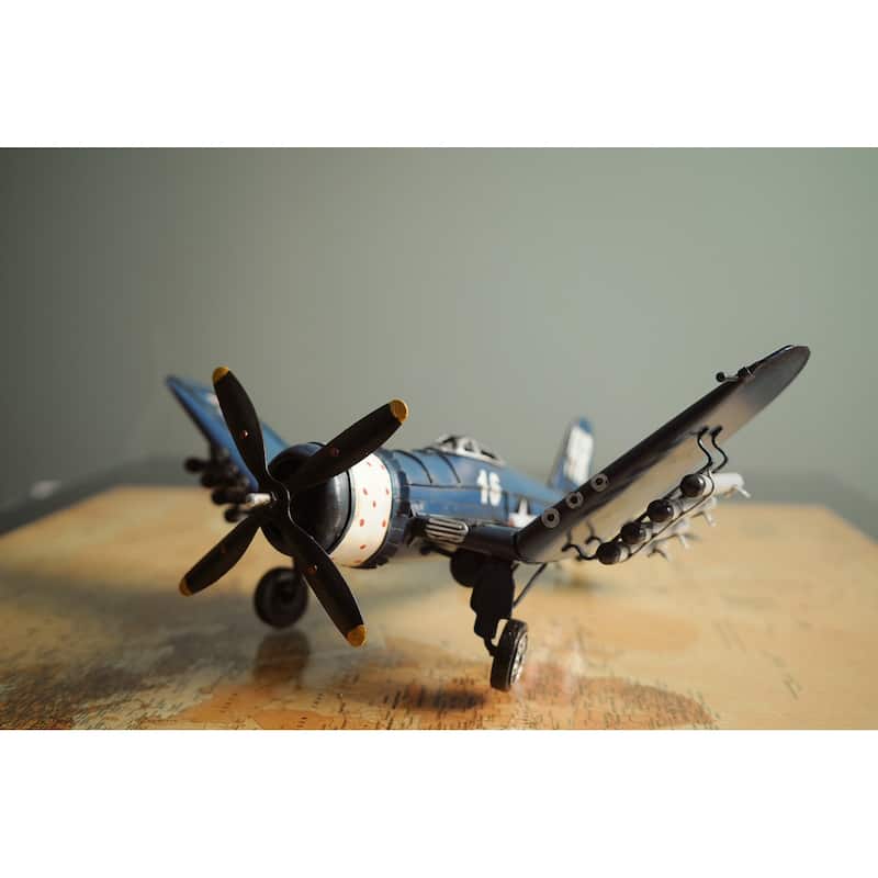 6" Blue Metal Airplane Hand Painted Decorative Airplane - 14 x 13 x 6