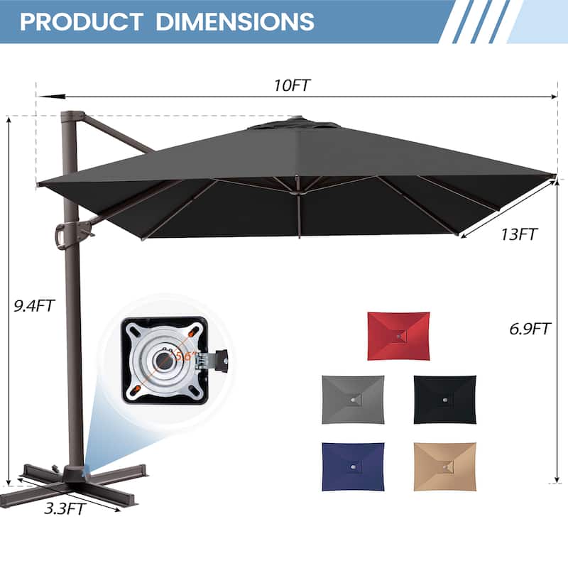 10 x 13 FT Luxury Aluminum Outdoor Shade Canopy Patio Cantilever Offset Umbrella with 360-degree Rotation