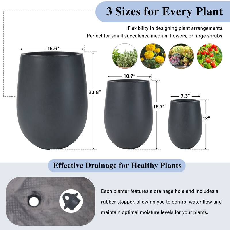 Lightweight Round MGO Outdoor Planter Set-3 Sizes (15.6"/10.74"/7.3"),Large Outdoor Indoor Flower Pots with Drainage Hole