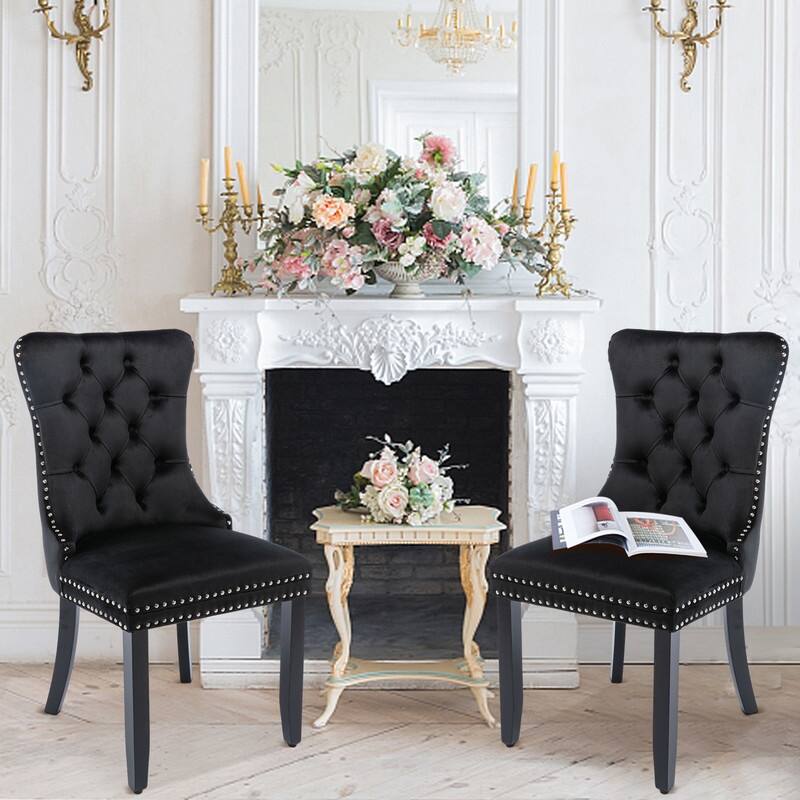 Solid Wood Velvet Upholstered Dining Chair Set of 2 - Black