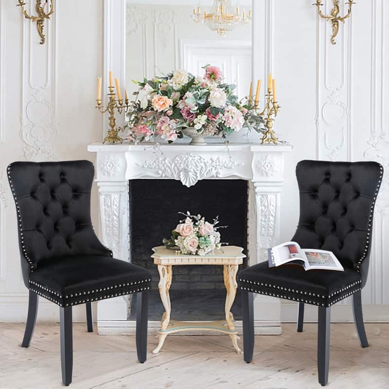 Solid Wood Velvet Upholstered Dining Chair Set of 4 - Black