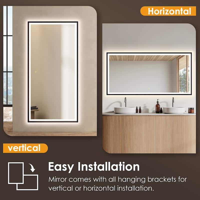 Apollo Rectangular Anti-Fog Dimmable Modern Bathroom/Vanity LED Lighted Wall Mirror in Matte Black Aluminum Framed