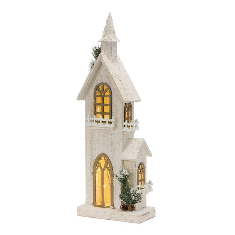 LED Winter Church Decoration – 27 Inch Tall Wooden Lighted Christmas Display - 9.5" x 4.75" x 27" - White-Brown