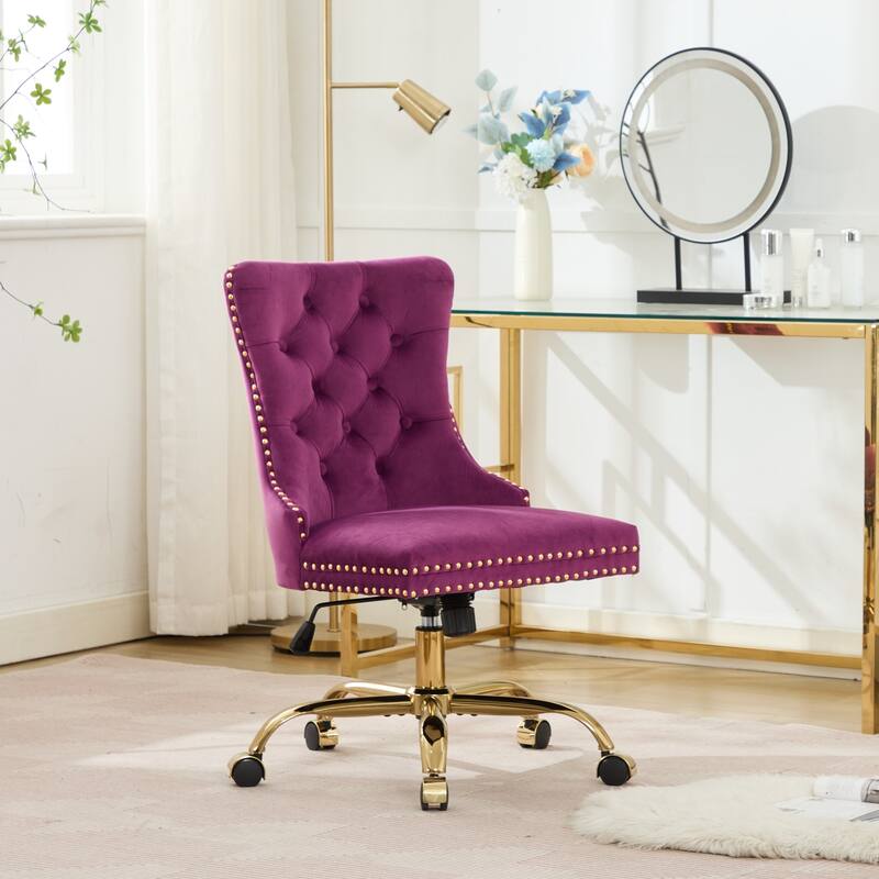 GDF Studio - Velvet Tufted Upholstered Home Office Chair with Golden Metal Base with Swivel Adjustment and Elegant Button Back - Purple