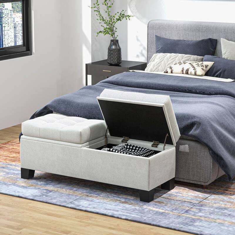 46" Storage Ottoman Bench, Upholstered End of Bed Bench with Steel Frame, Button Tufted Storage - Cream White